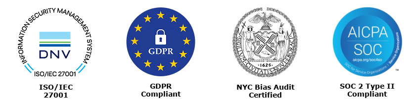 Leoforce Trust Badges: ISO IEC 27001, GDPR, NYC Bias Audit, SOC 2 Type II
